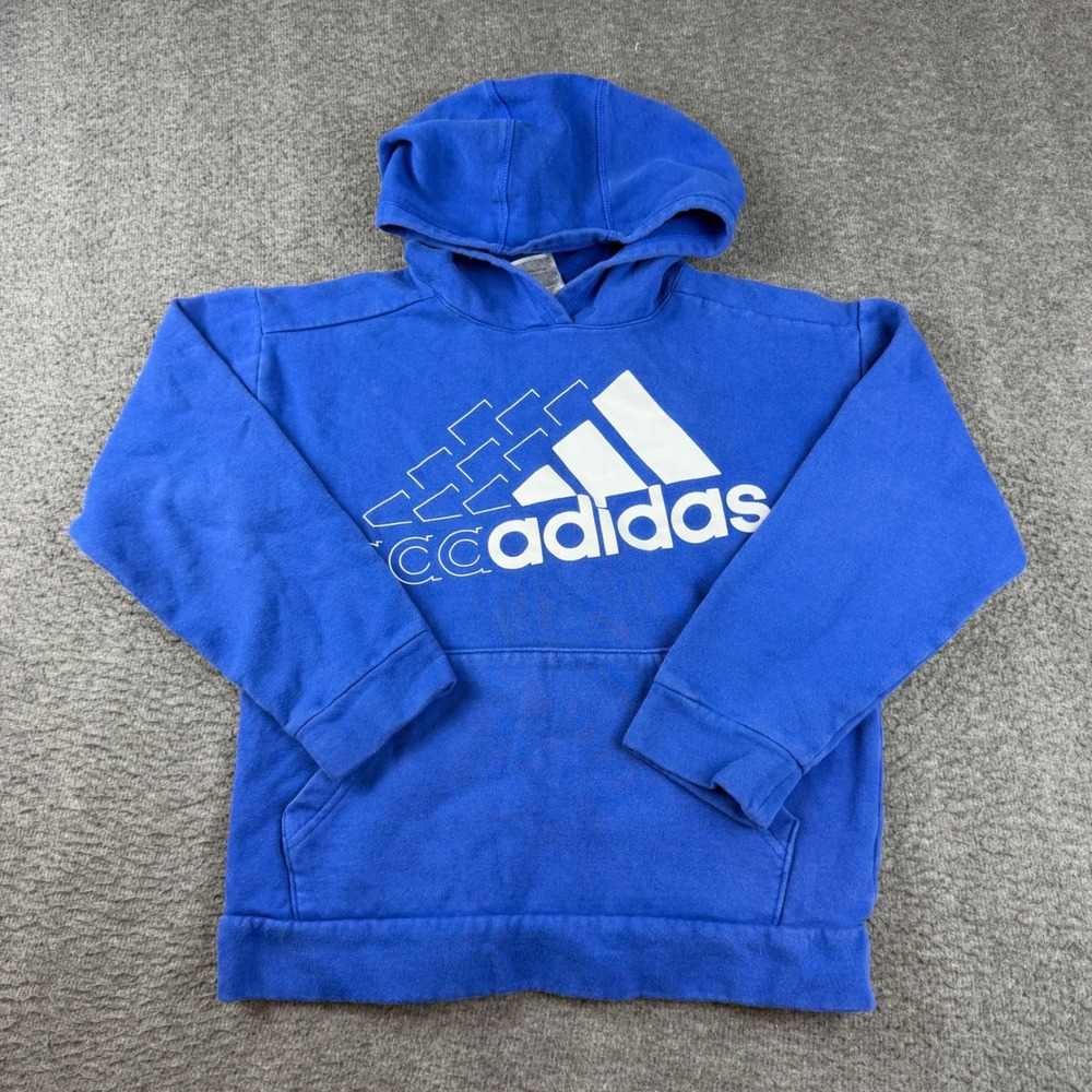 Adidas Pullover Hoodie Youth Size M 10/12 Blue Graphic Logo Fleece Sweatshirt